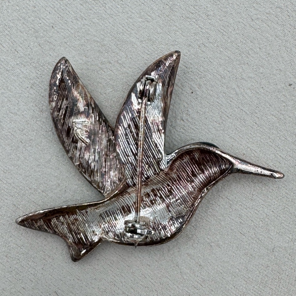 VTG Liz Claiborne LC Hummingbird Brooch Green Enamel Rhinestone Bird Pin Signed - Picture 4 of 8